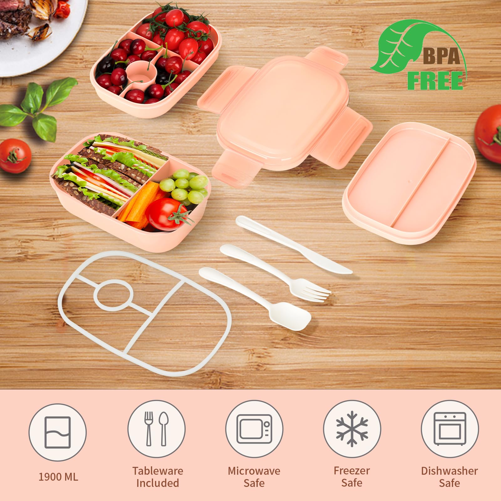 VINATO Lunch Box 1400ml 2 Niveaux Avec Couverts - Boîte Repas Sans BPA Pour Bureau Et École