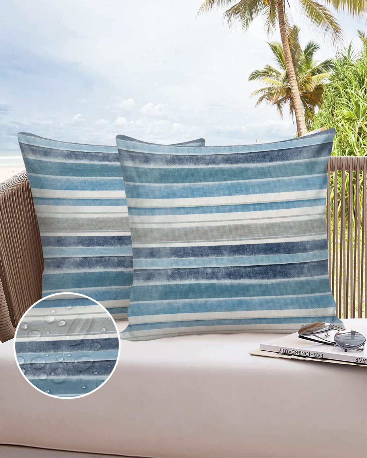 Outdoor Waterproof Throw Pillow Covers 16 x 16 Inches Set of 2 Northern Europe Blue Vintage Stripes Decorative Cushion Cover Pillowcase for Garden Patio Tent Beach Bedroom Livingroom Sofa Couch