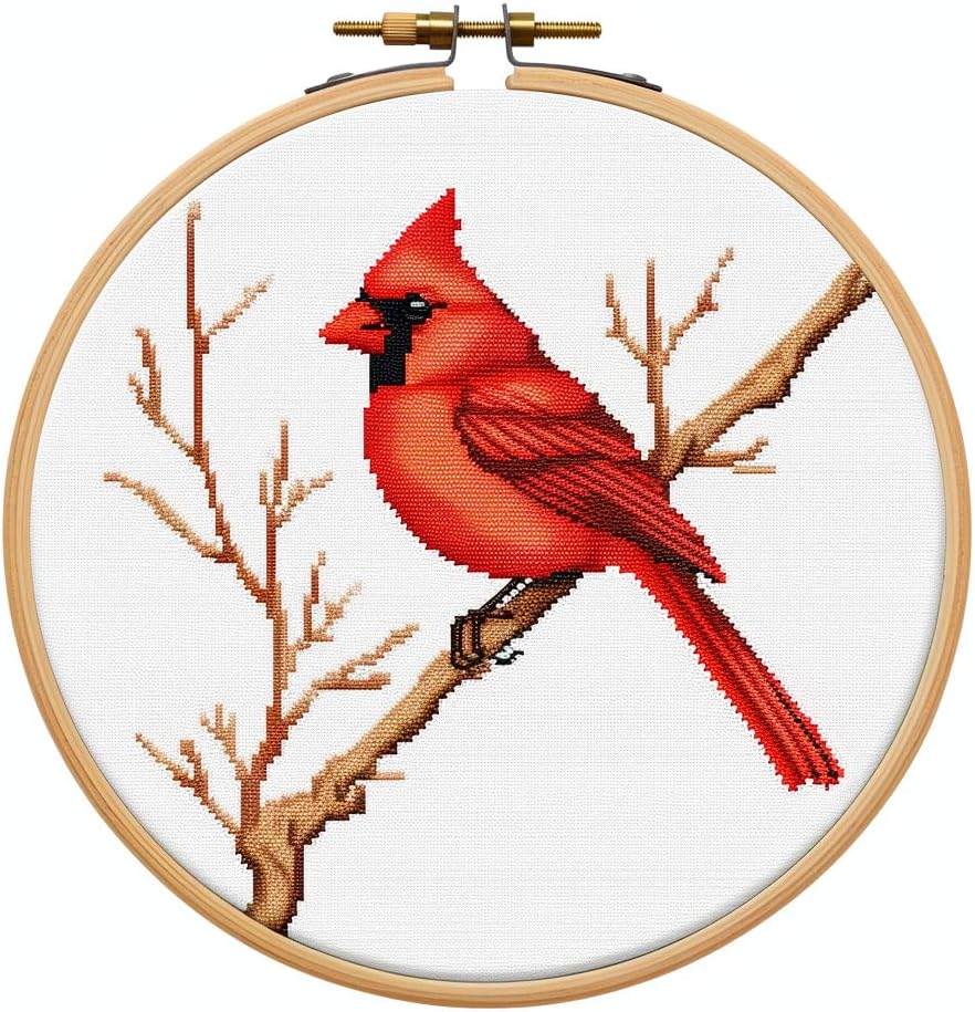 Cartoon Simple Red Cardinal on Branch DIY Stamped Cross Stitch Kits Easy for Beginners and Children with Hoop 11CT Needlepoint Counted Embroidery Kits Art Craft Wall Decoration 12x12inch(1)