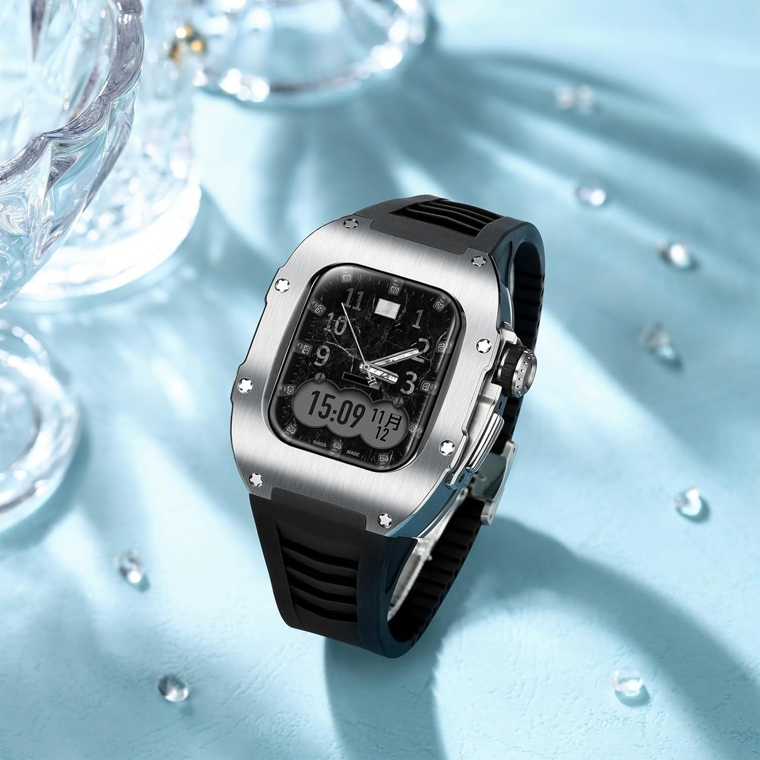 EZZON Tytanowe meta etui, gumowa opaska, zestaw mod, do Apple Watch 9, 8, 7, 6, 5, 4 SE, dla mężczyzn i kobiet, metalowe etui do zegarka, silikonowy pasek do zegarka, akcesoria zamienne do zegarka