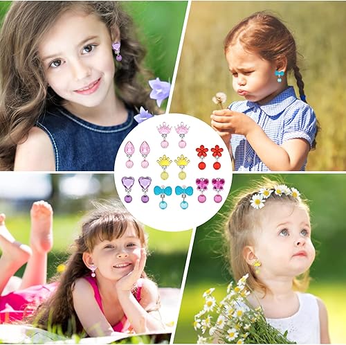 Miniatura 4 de Grevosea Juego de 7 pares de aretes de clip para niñas, joyería para niñas, aretes de vestir y aretes de princesa para niños, diseño sin