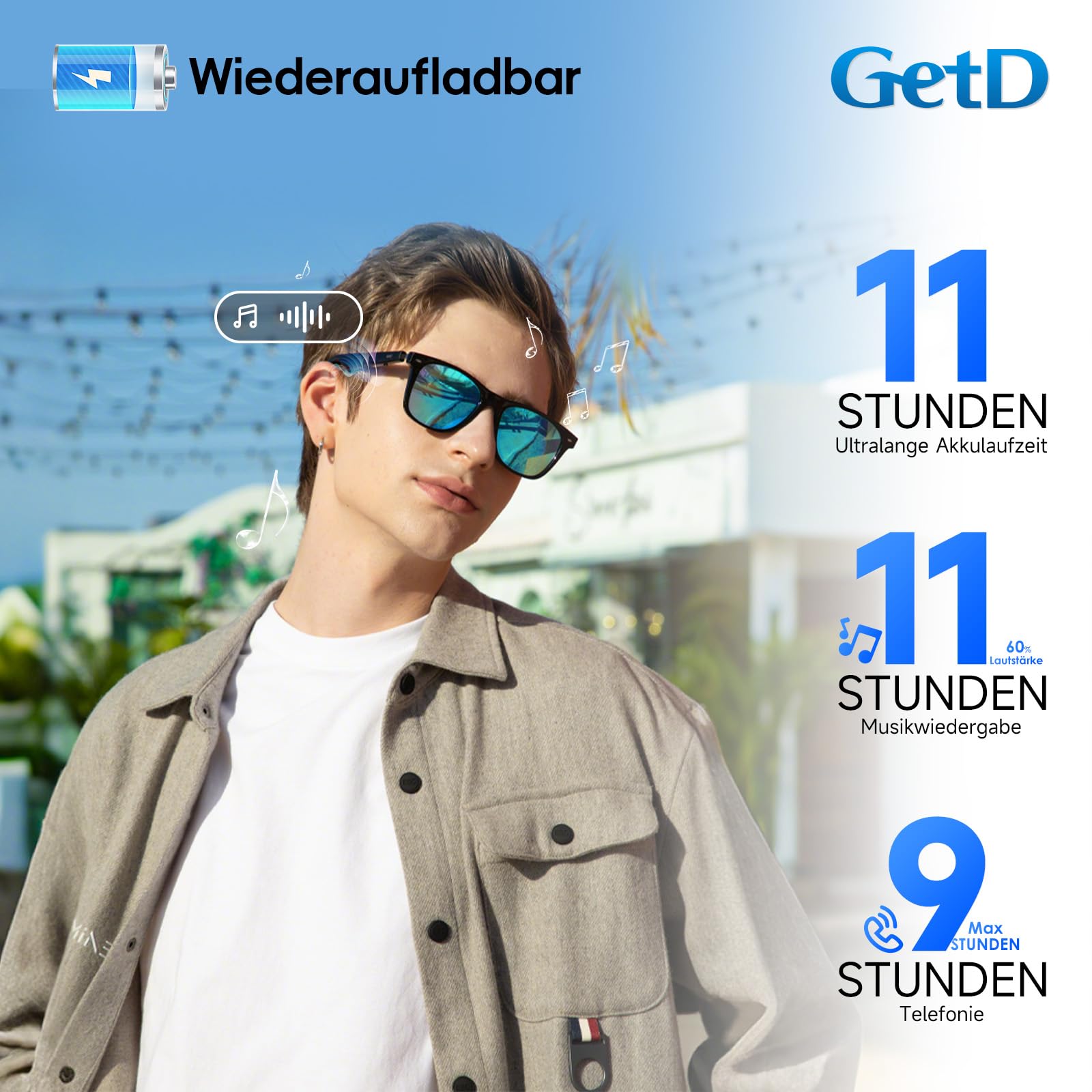 GetD Gafas Inteligentes con IA con tecnología de ChatGPT. Traducción en Tiempo Real con 145 Idiomas y 11 Horas de música. Gafas de Sol Bluetooth con Lentes polarizadas y protección UV