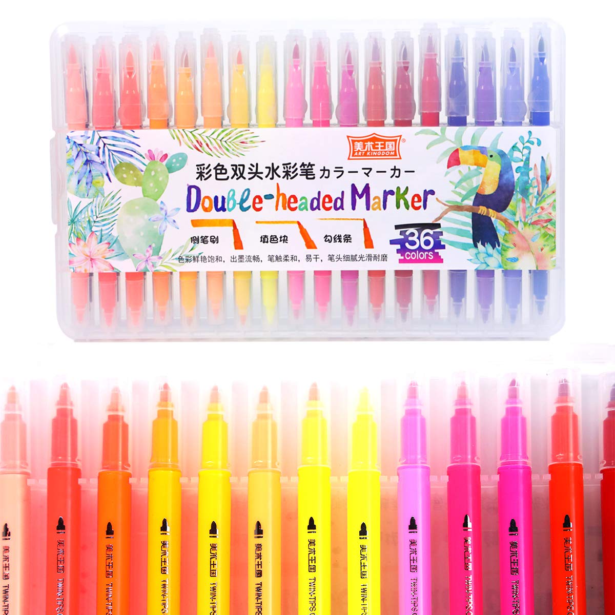 TAEWU Watercolor Dual Tip Brush Pen Marker Set Flexible Brush & Fineliner Tips, Set of 36, Water Based Marker for Adult Coloring Books, Sketching, Art Projects, Journal
