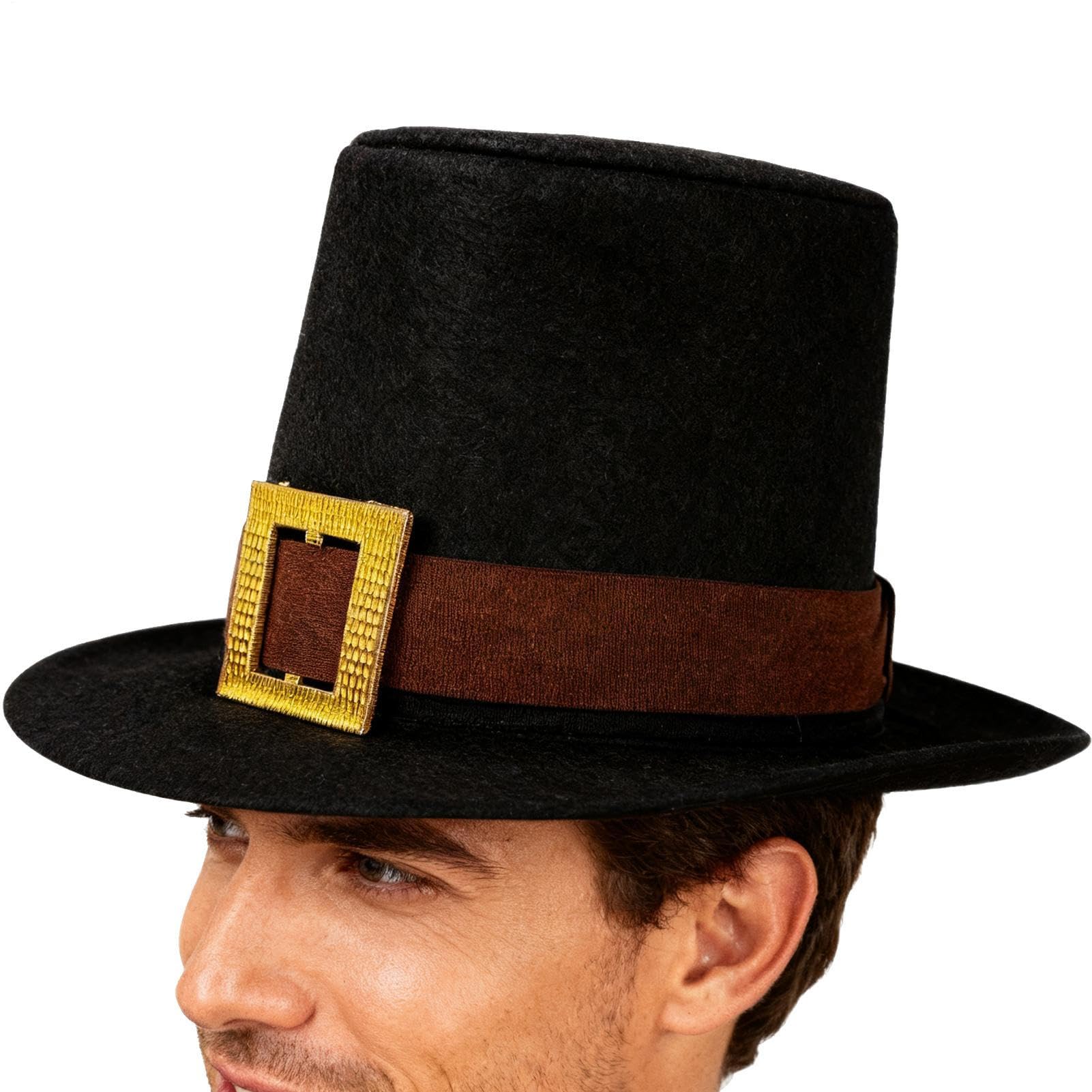 Fizepgo Pilgrim Hats for Adults,Headwear with Gold Buckle - Novelty Black Costume Top Hat | for Adults Teens Men Photoshoot School Plays Party Festivals Cosplay Costume Events Fall