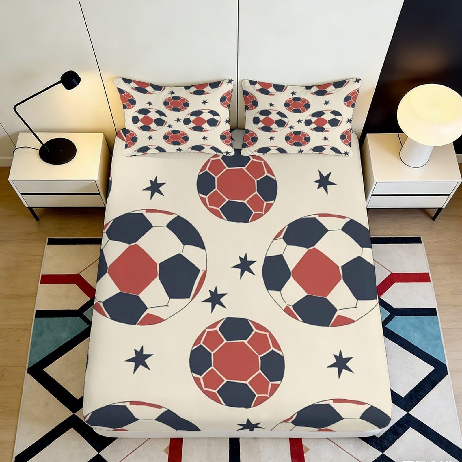 3D Printed Soccer Ball Star Pattern Fitted Sheet Microfiber Non-slip Bed Cover for Bedroom Dorm Mattress Protection 140x200x25cm