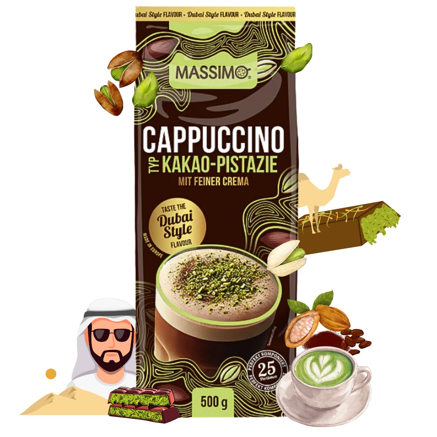 MASSIMO Tipo cappuccino Dubai Chocolate Style, 10 x 500 g, polvere istantanea per bevande con caffè istantaneo, cacao pistacchio con crema fine, contenente caffeina, preparazione rapida