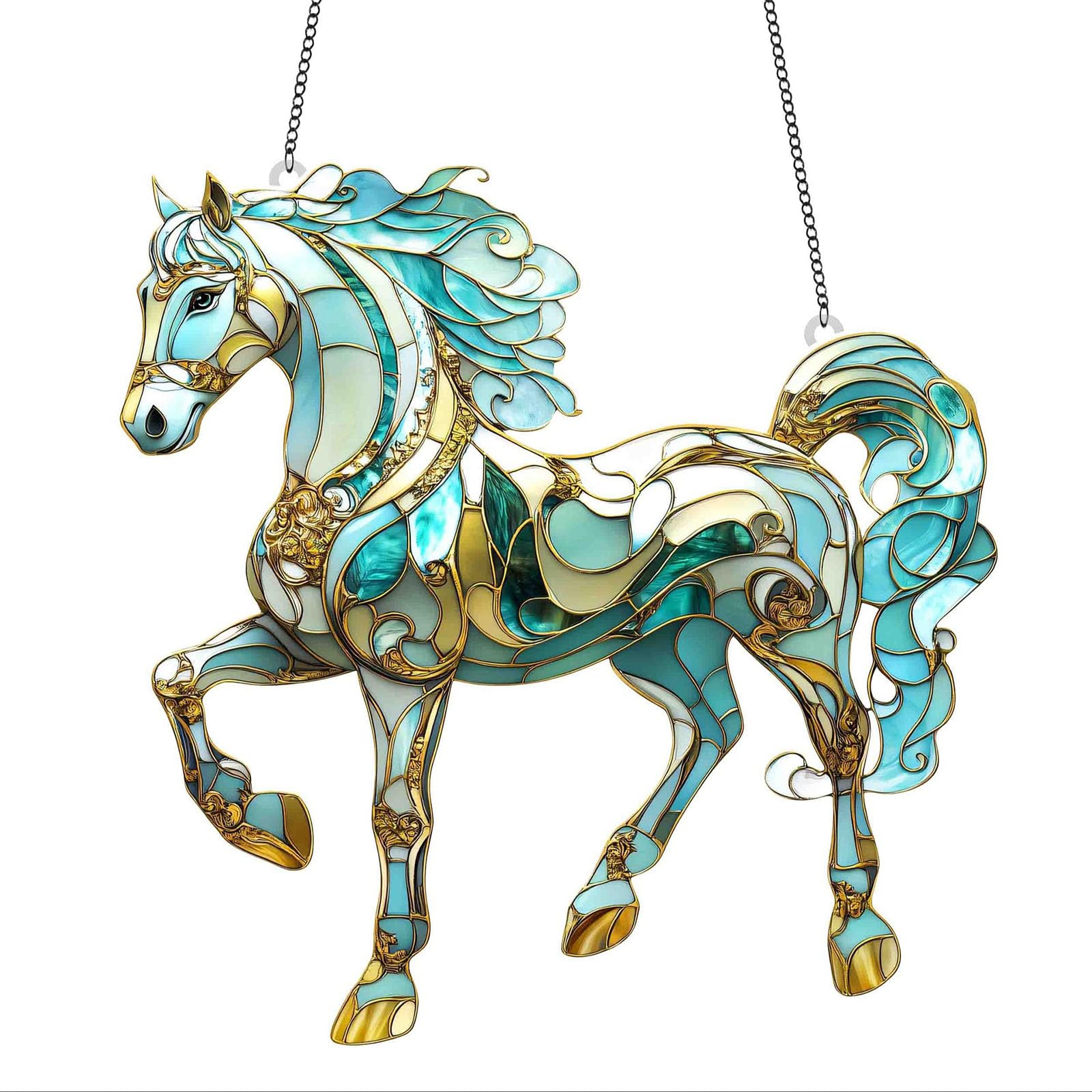 Colorful Running Horse Suncatchers Stained Glass Window Hanging Glass Panel with Chain Sun Catchers Decors Running Horse Sun Catchers