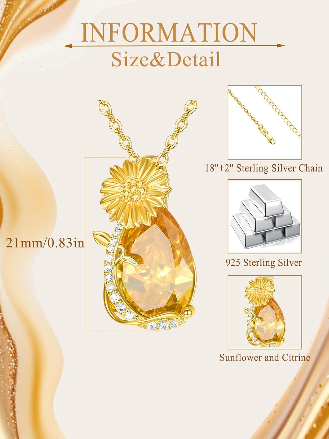 Sunflower Daisy Citrine Necklace for Women 925 Sterling Silver Gold Plated Citrine Flower Jewelry Christmas Anniversary Birthday Gifts for Mom Wife Grandma - Image 6