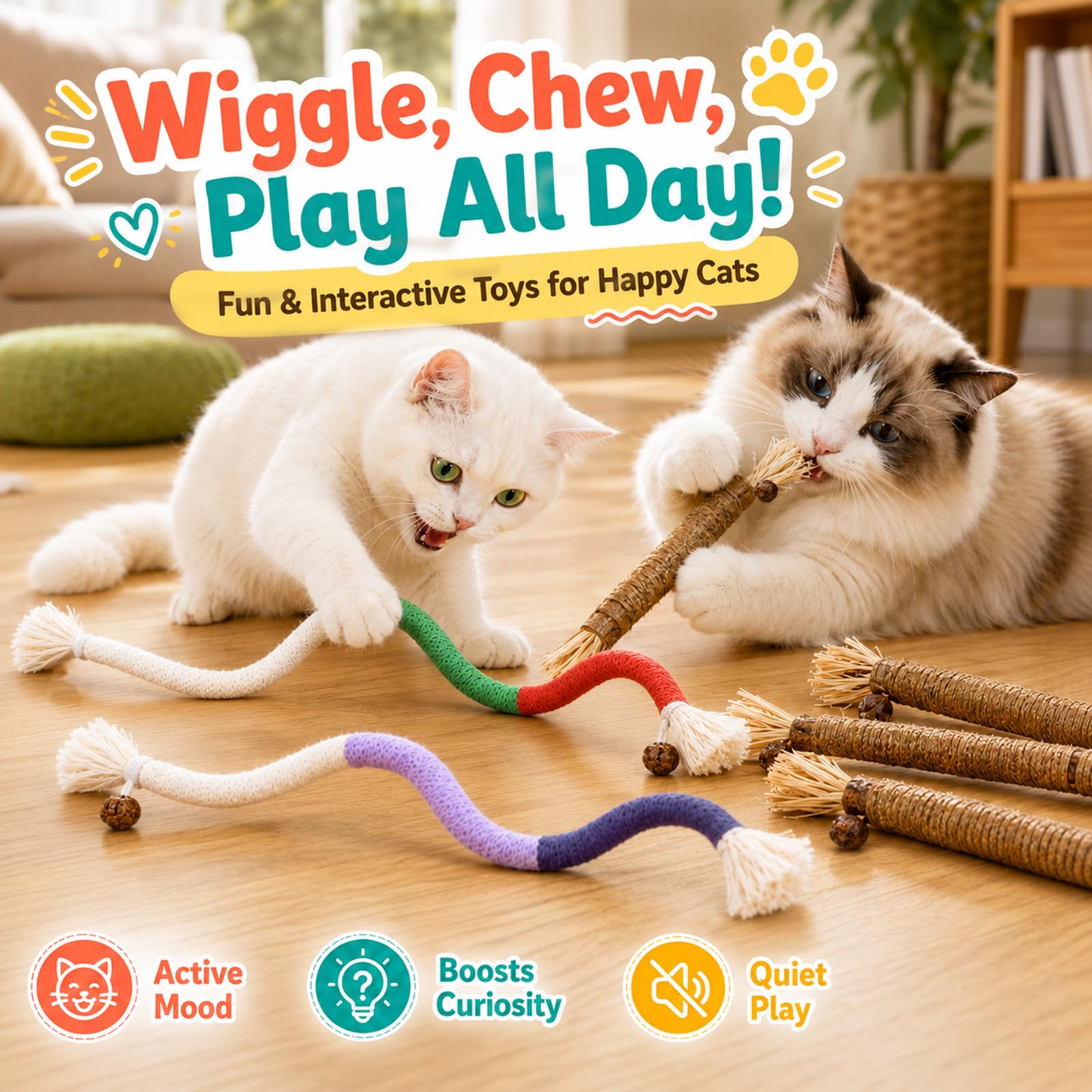 Jouet Chat, 3 Jouet Chat Corde et 4 Pièces Bâtonnets Herbe à Chat, Jouet de Dentition Chaton, Jouet a Macher Chat, pour Grincer des Dents Chats Intérieur Et Nettoyer Les Dents