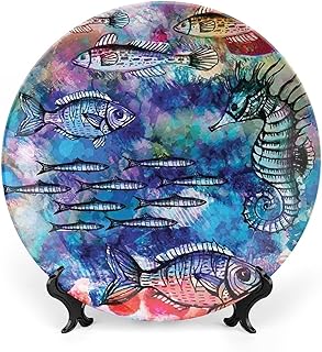 7 Inch Decorative Plate, Fish Seahorse Coastal Dinner Plate, Sea Creatures Watercolor Batik Effect Print Ceramic Display Plate for Decorative Ornaments Giving Plates, 1 Plate with 1 Display Stand