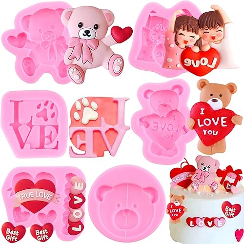 ZiXiang Moldes de fondant para el día de San Valentín, moldes para tartas de fondant de boda, oso corazón de amor, moldes de silicona para