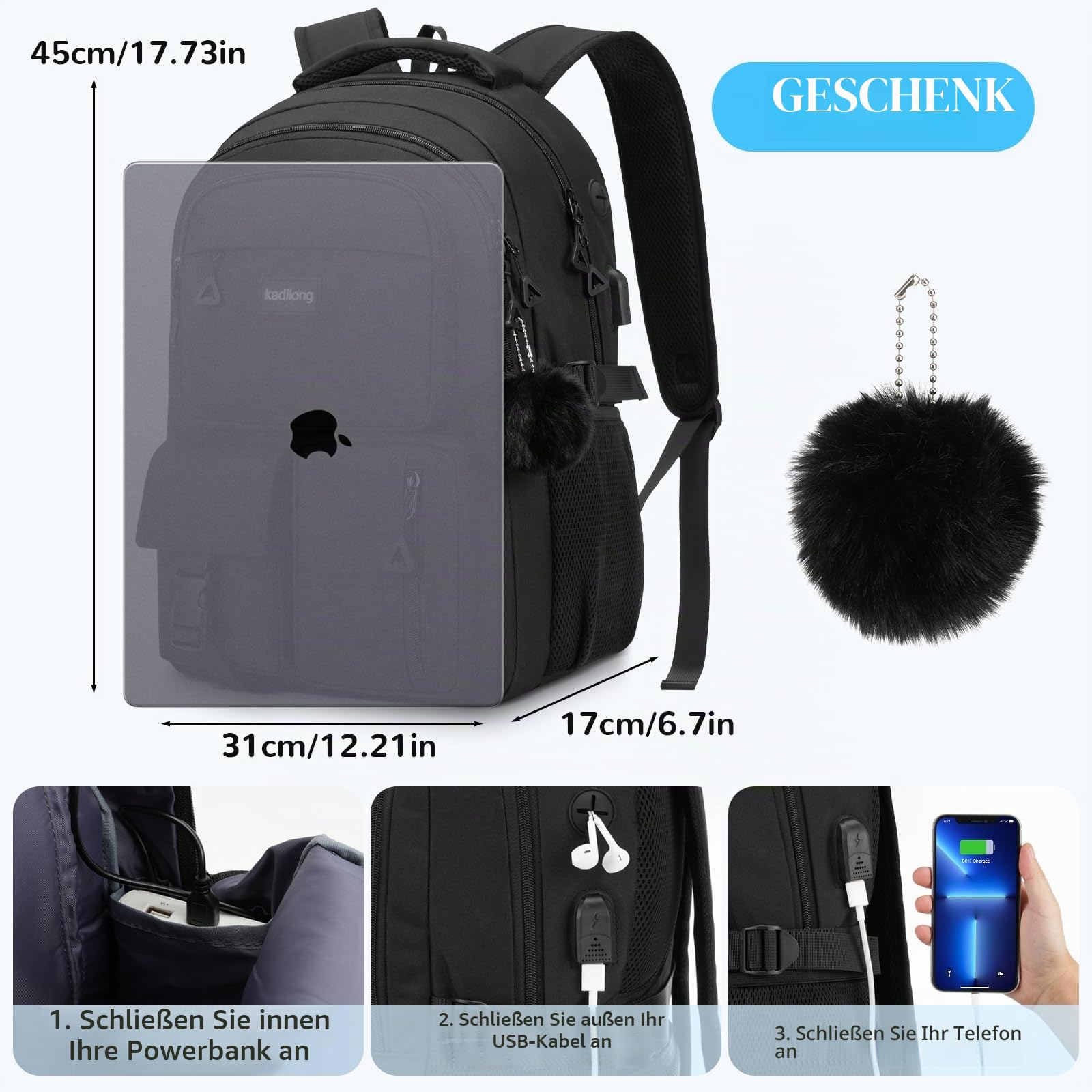 kadilong Schultasche Frauen Schulranzen Schulrucksack Mädchen Teenager Rucksack Laptop Damen Lehrertasche mit USB Ladeanschluss und Laptopfach für Uni Arbeit Business Reisen Studenten