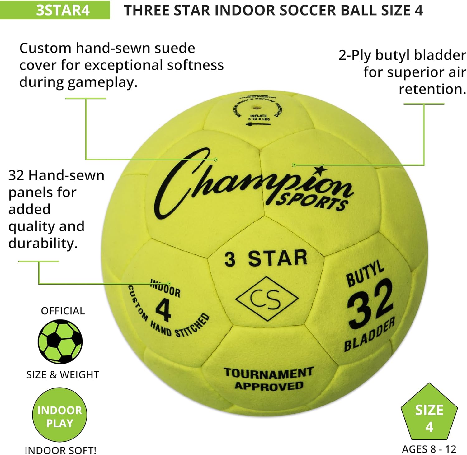 Champion Sports unisex adult (Ages 8 to 12) 3 Star Indoor Soccer Ball Size 4, Bright Yellow, Size 4 US
