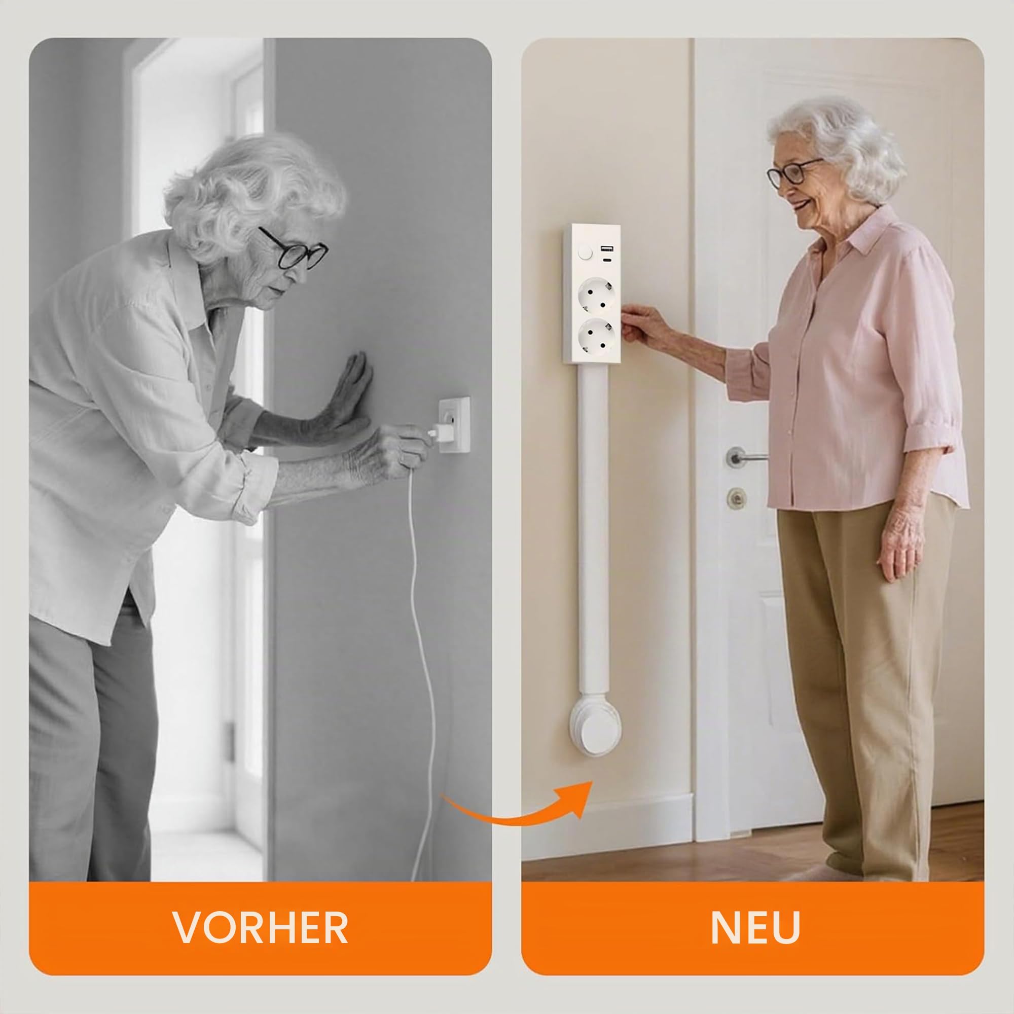 Steckdosenverlängerung mit USB-A-, USB-C- und 2 AC-Steckdosen, Wandsteckdosen-Erweiterungsstift, ausziehbarer, drehbarer Steckdosenadapter für Nachttische, Sofas, Schreibtische und andere schwer zugän
