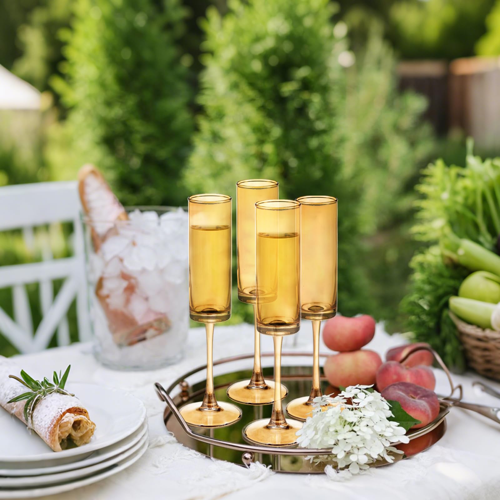 Bernstein-Champagnergläser, 170 ml, gerade Seiten, langer Stiel, buntes Trinkglas, Set mit 6 mundgeblasenen Champagnerflöten, Kelchen für Hochzeit, Cocktailbecher, Cava, Prosecco, 6 Stück