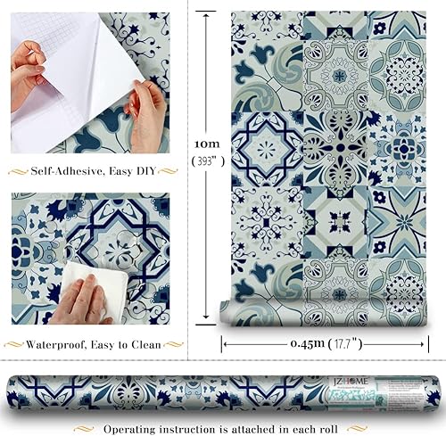 Miniatura 10 de JZHOME 1231 Papel tapiz de azulejos mediterráneos para despegar y pegar, 17.7 x 9.8 pies, papel de contacto autoadhesivo azul bohemio, extraíble,