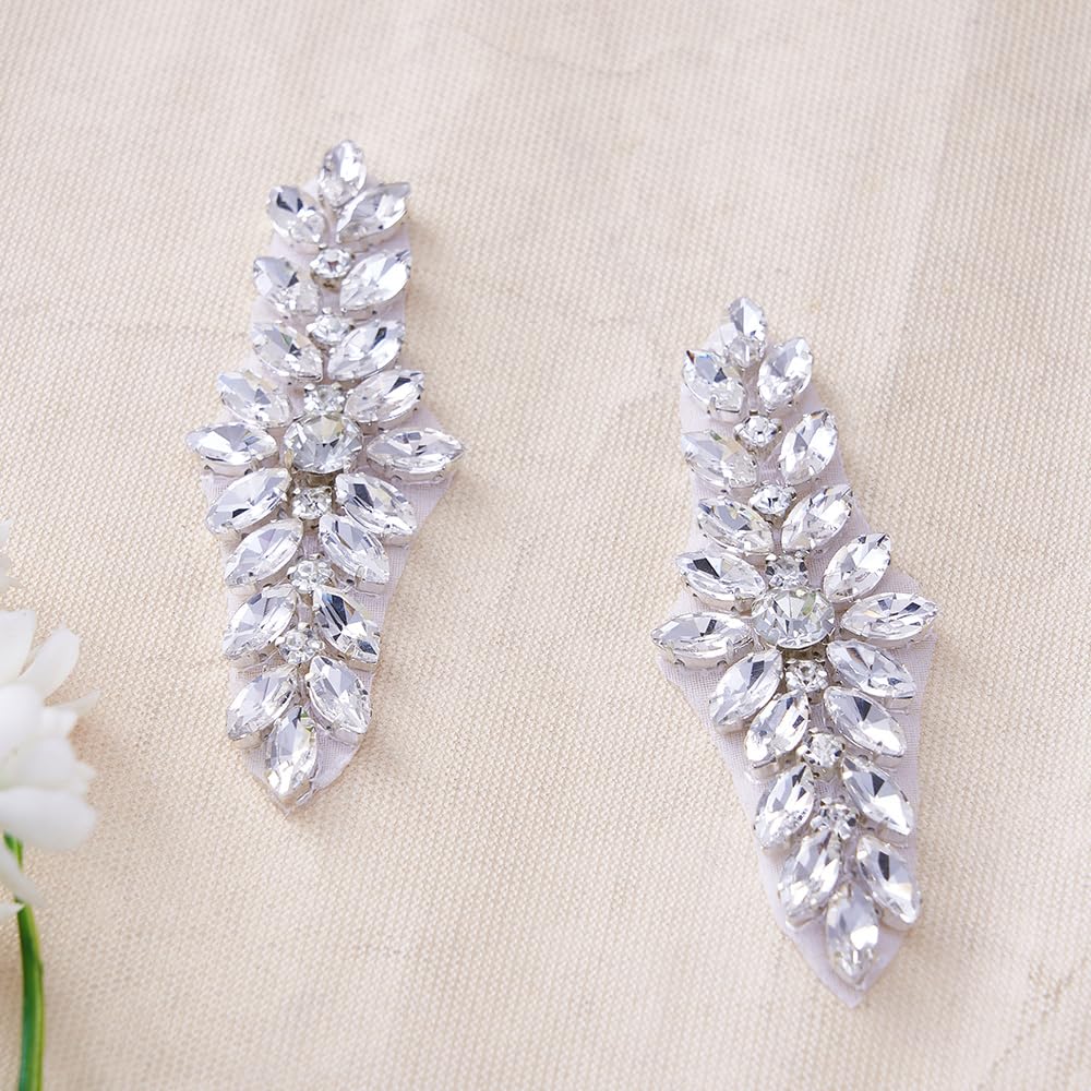 FANGZHIDIRhinestone Iron On Patch Motif Applique DIY Crystals Patch Rhinestone Hot Fix Applique Sewing Appliques for Wedding Bridal Belt Sash Wedding Dresses (2ct / H3.4"*W1.2")