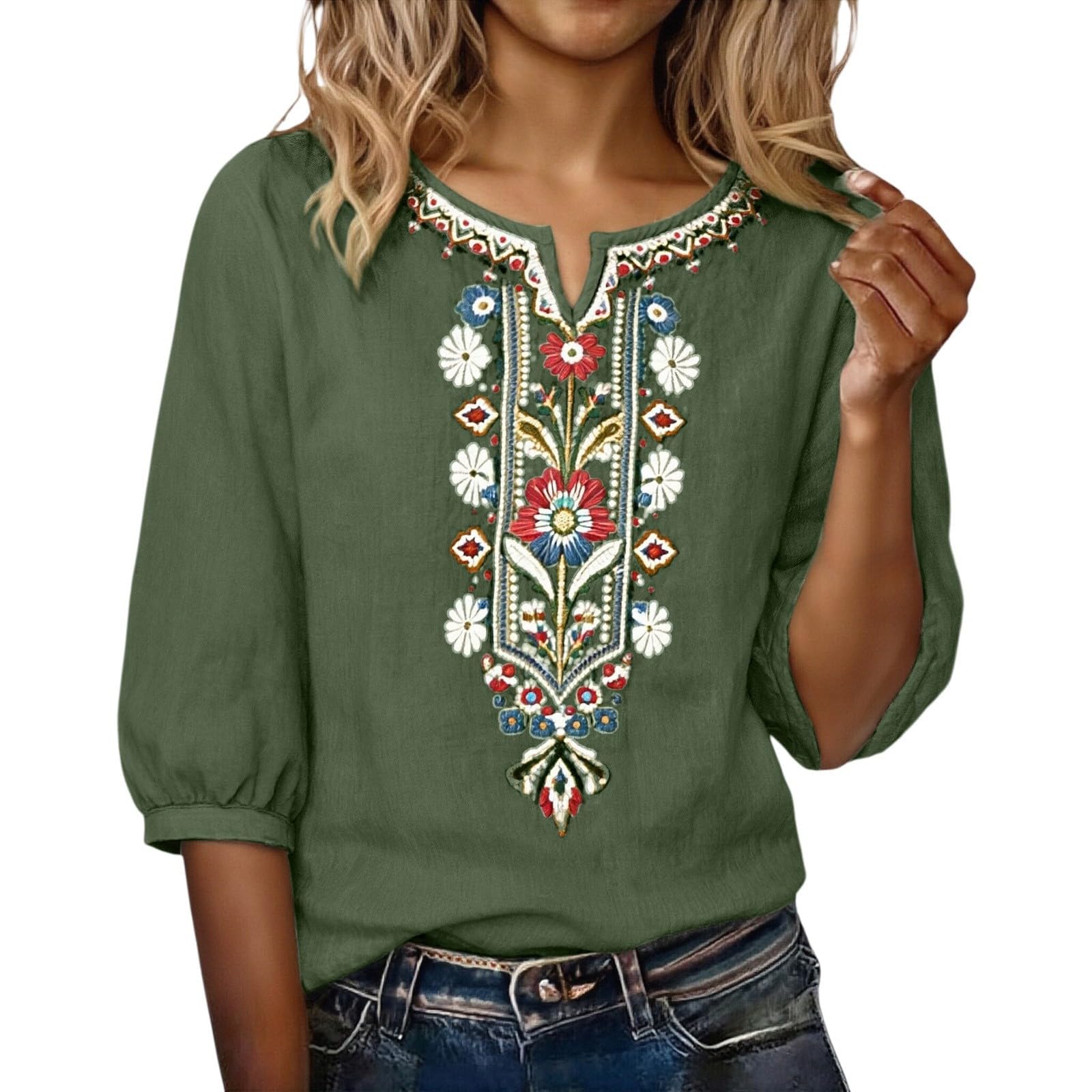 Chemisier Femme Lin Décontractée Été Huats Femme en Coton Et Lin Manches 3/4 Col Round Chemise Brodé Floral Rétro Style Ethnique T-Shirts Léger Et Respirant Tee Shirt Tunique Top Ample