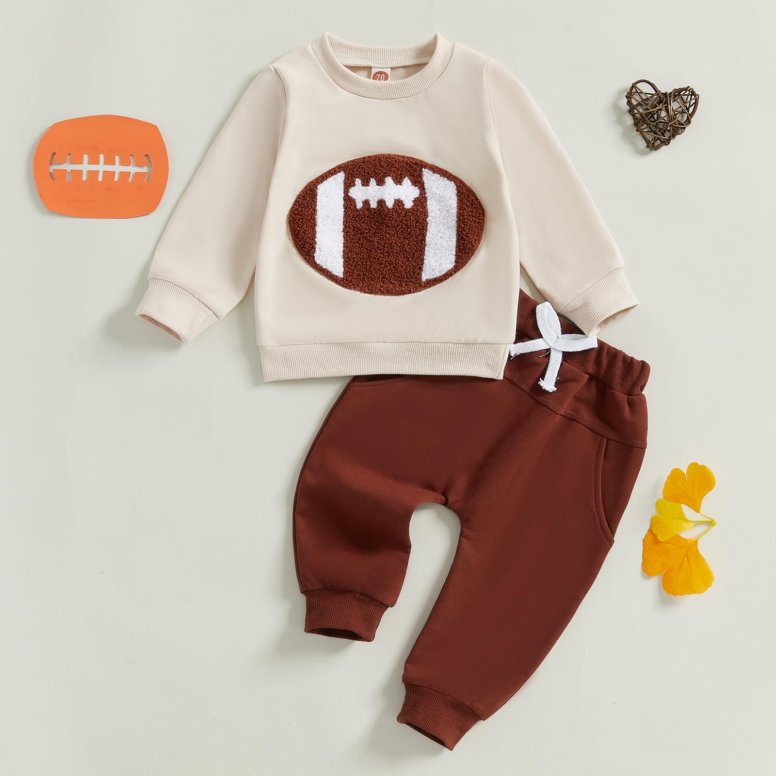 COORALLY Baby Boy Girl Football Outfit Long Sleeve Crewneck Sweatshirt Pullover Tops and Elastic Pants Set 2PC Outfits (C-Brown, 2-3T)