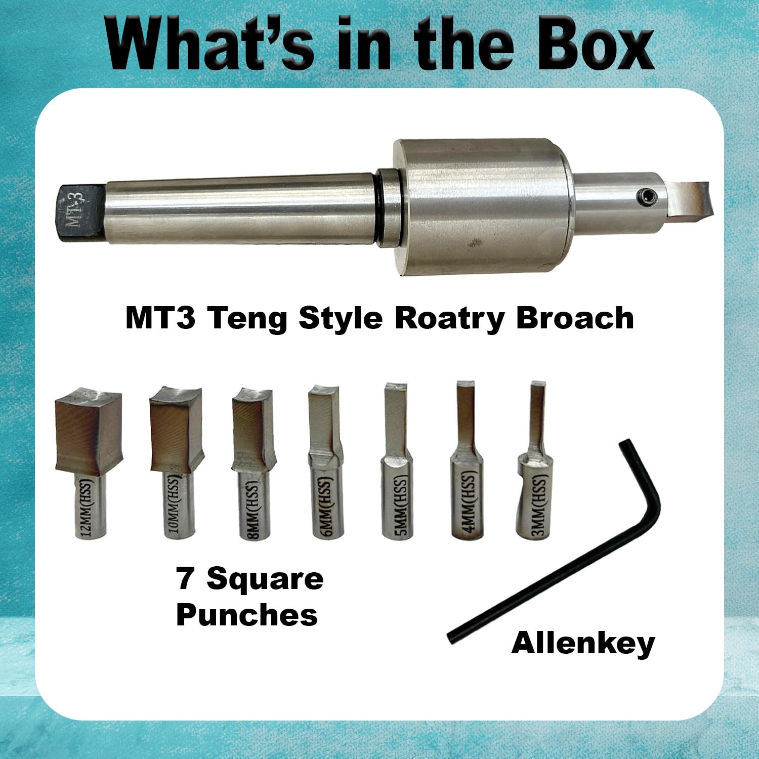 MT3 Teng Style Rotary Broach Holder Set with HSS Metric Square Broach Punches – Precision Internal Square Broaching Tool for Lathes, Milling Machines & CNC Machining Applications