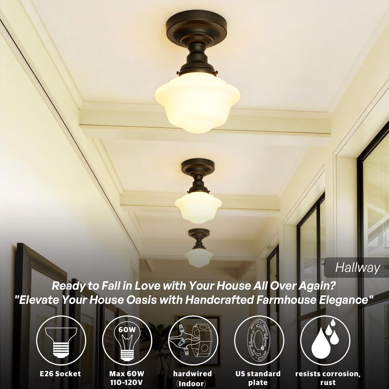 Schoolhouse Semi Flush Mount Ceiling Light,Black Close to Ceiling Light Fixtures with Milky White Glass Modern Farmhouse Hallway Ceiling Lamp for Laundry Kitchen Entryway Bathroom E26