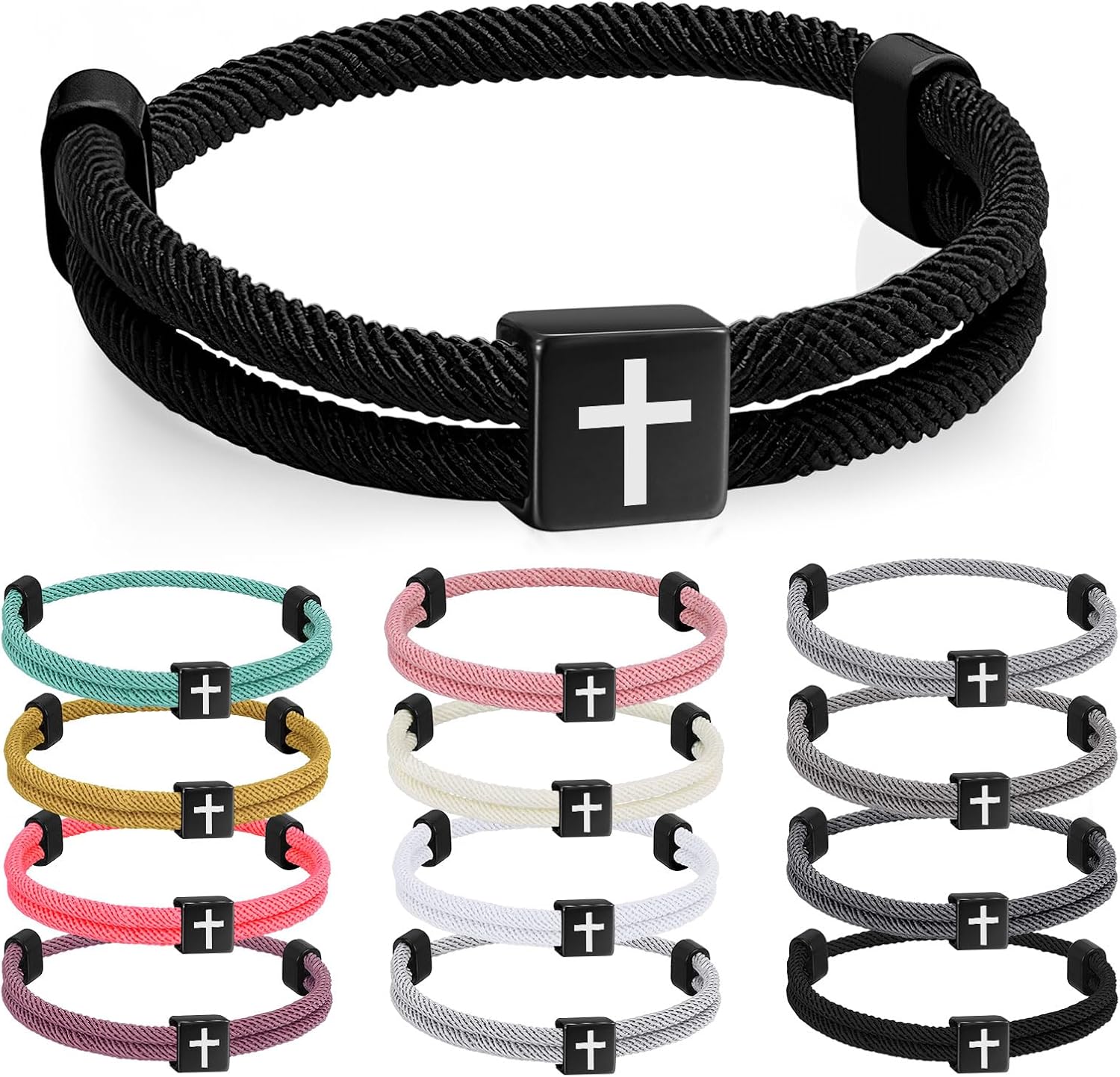 Christian Cross Rope WWJD Bracelet Set - Braided Cord Bracelet for Men Nautical Surf Beach Bracelets Handmade Woven String Friendship Bracelets Jesus Religious Gift for Men with Adjustable Metal Knot