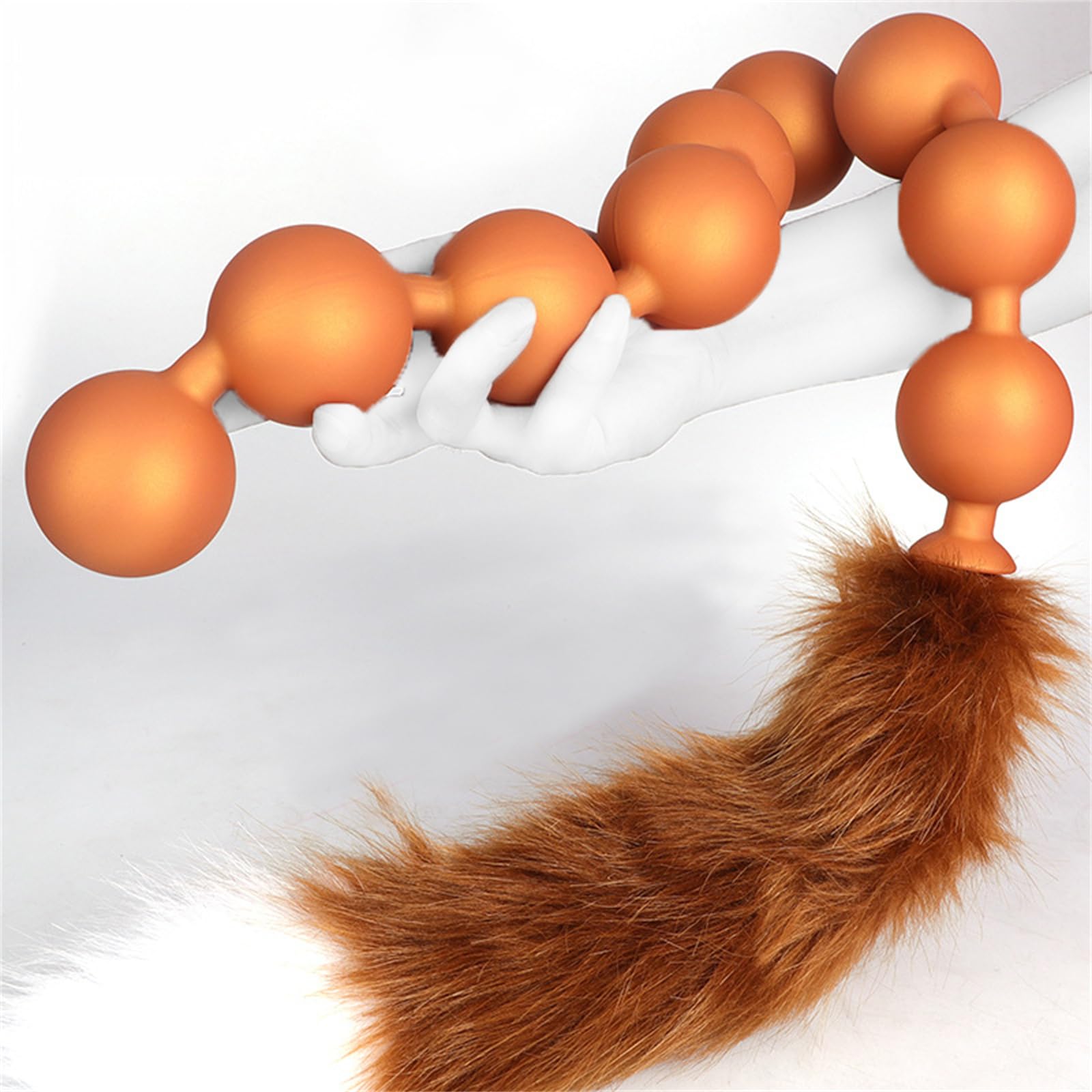 Perlina anale in silicone a coda di volpe con catena anale con 9 palline, tappi anali a coda di volpe, giocattolo sessuale SM, masturbazione, dildo anale for donne e uomini(Gold,L)