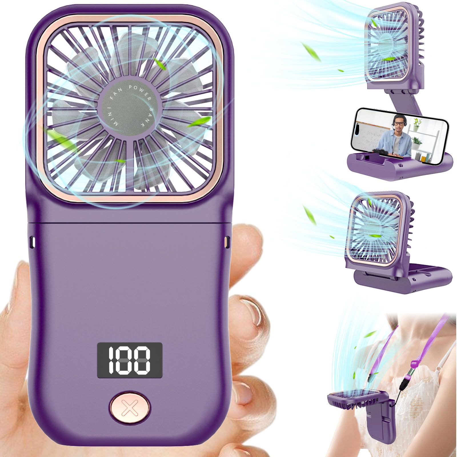 DDKJ Ventilador de Mano Recargable,Plegable 180° Ajustable,3 Velocidades,7 Horas,Pantalla Digital,Mini Ventilador Portatil para Viajes/Oficina/Actividades al Aire Libre-Morado