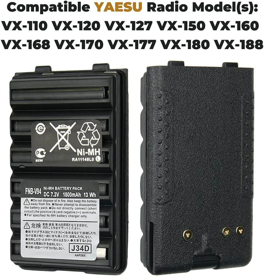 7.2V 1800mAh FNB-V94 Replacement Ni-MH Battery Packs for Yaesu/Vertex FT-60R VX-150 VX-160 VX-170 VX-180 VXA-220 Standard Horizon HX370S Walkie Talkies Battery 2 Pack