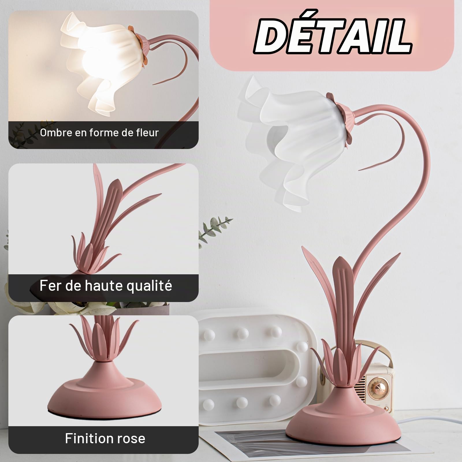 Les Filles Lampe De Chevet,Dimmable Lampe De Bureau Col De Cygne Avec Muguet Acrylique Abat Jour,Lampe De Lecture Pour Chevet D'éTude De Chambre à Coucher Dortoir,Lampe Bureau Enfant Rose