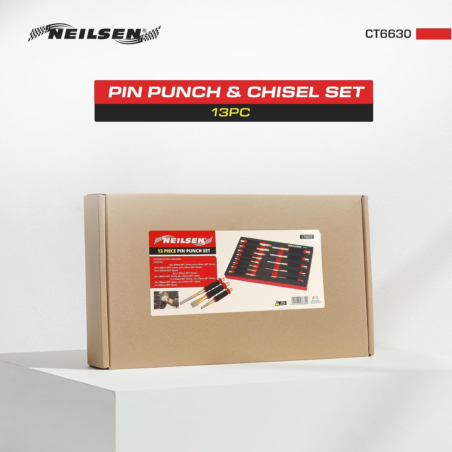 Neilsen CT6630 13pc Pin Punch and Chisel Set – CR-V Steel with Soft Grip for Shock Absorption – Includes Centre Punches and Flat Chisels