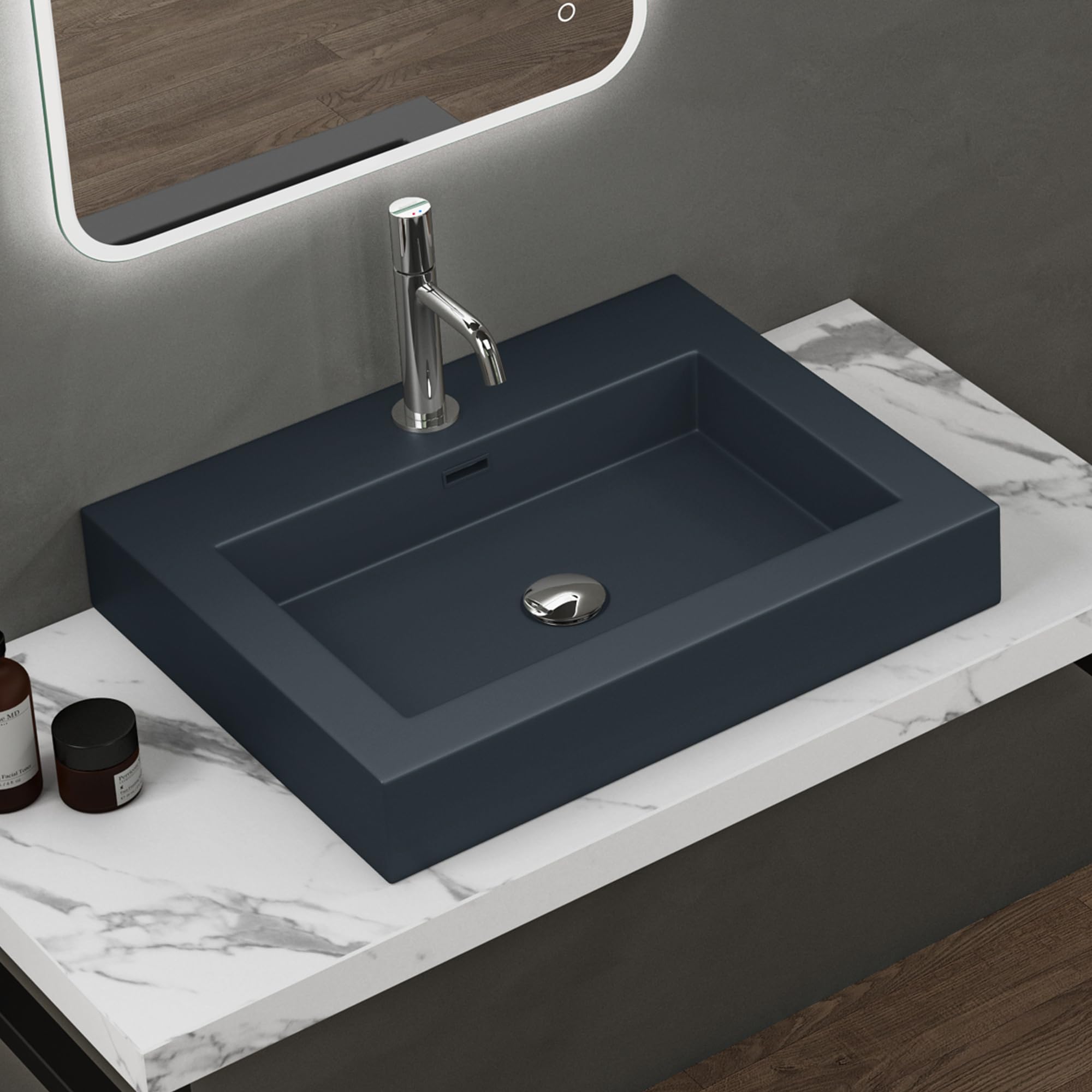 Lavabo Da Appoggio In Marmo Resina Bianco Lucido - 60x48x10 Cm, Con Foro Rubinetto E Troppopieno, Colossum18 - Foto 8