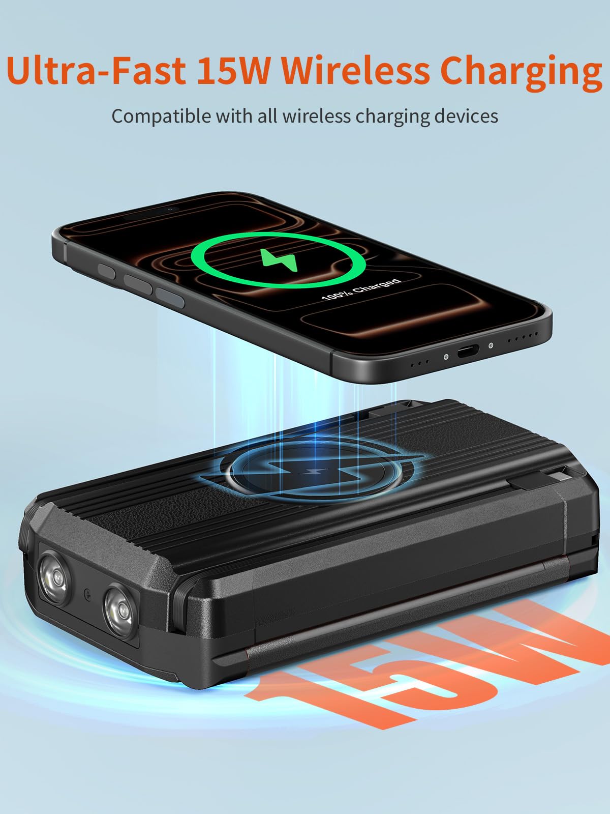 63200mAh Solar Power Bank: 30W PD 3.0 A USB C Powerbank Ricarica Rapida con 2 Cavi, 5 Uscita & 2 Ingresso, 15W Ricarica Wireless, Spie luminose a LED, Torcia, Caricatore Portatile con Smartphones | PD 30W USB C Power Bank con 4 Cavo integrato, 3 Porta, To