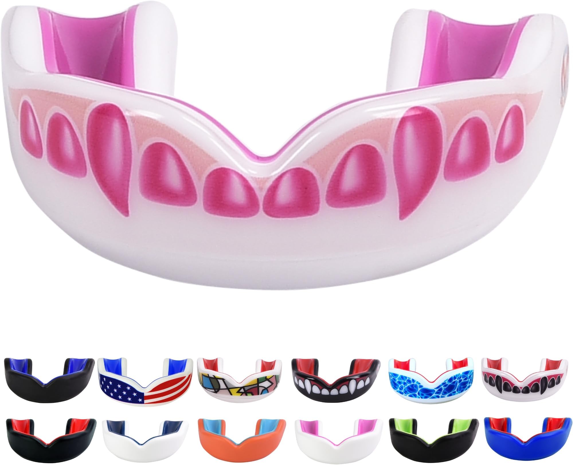 Oral Mart Youth Sports Mouth Guard for Kids (USA Flag, Fangs, 20+ Colors to Choose from) Mouthguard for Football, MMA, Karate, Boxing, Rugby, BJJ, Flag Football – /w Case (Youth, Strapless)
