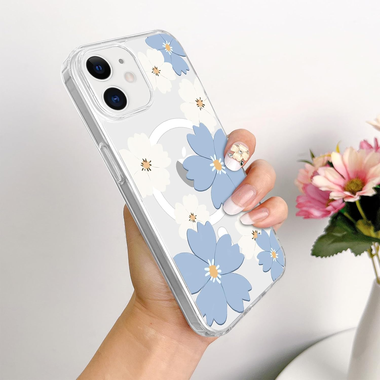 for iPhone 11 Case [Compatible with Magsafe], Cute Flower Girls Women Clear Case Silicone Shockproof Protective Cover with Pretty Floral Pattern for iPhone 11 6.1'',Blue - Image 5
