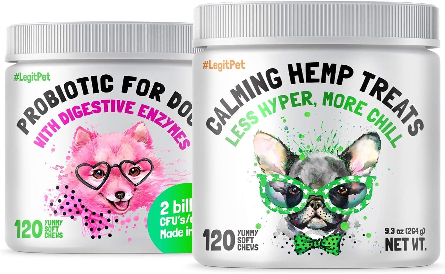 LEGITPET Calming Hemp Treats for Dogs 120 Soft Chews and Probiotics for Dogs with Natural Digestive Enzymes 120 Soft Chews Bundle - Made in USA