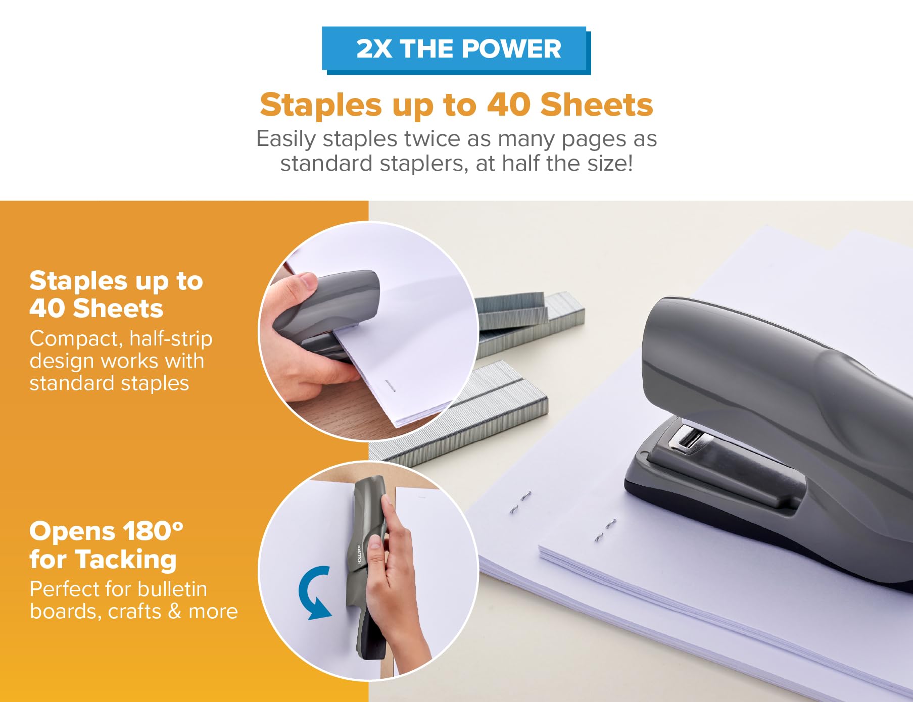 Bostitch Office - Grapadora resistente de 40 hojas con 1250 grapas y removedor de garras, tamaño pequeño, cabe en la palma de tu mano, paquete económico, gris (B175-GRAY-VP)