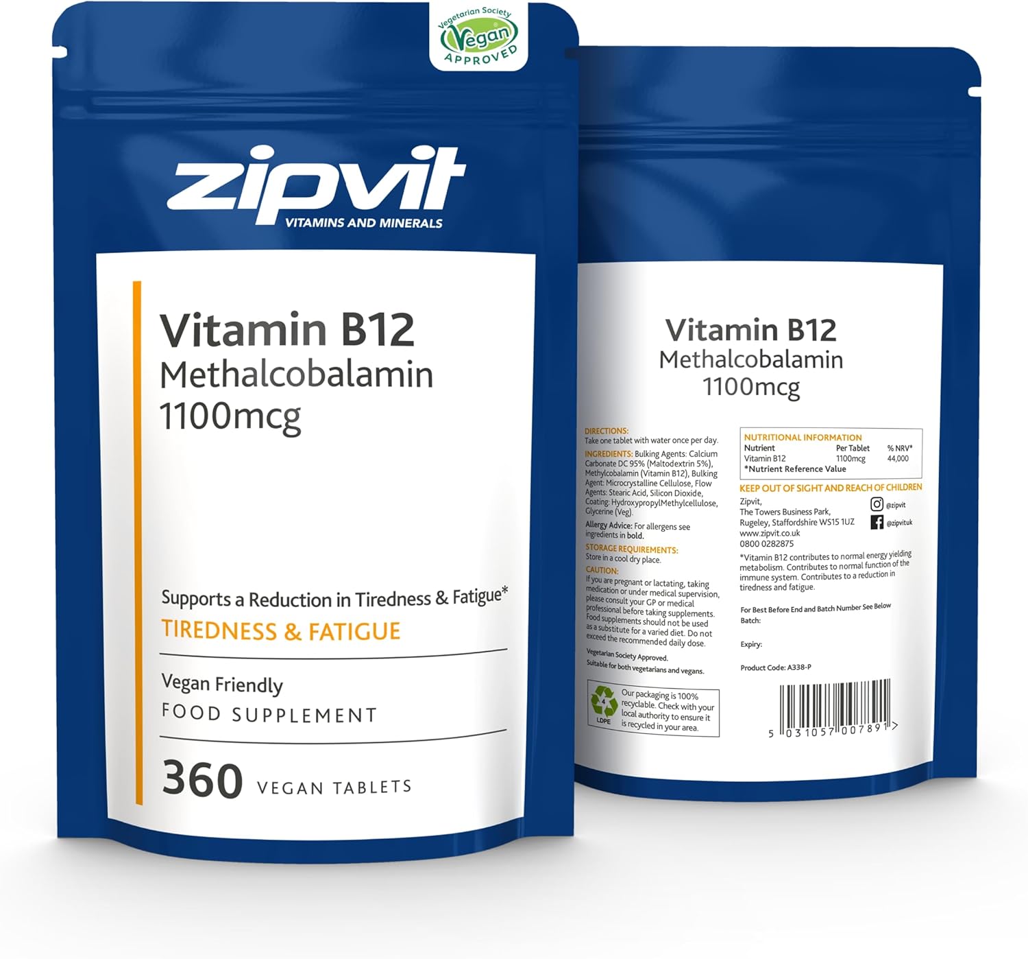 Vitamin B12 Tablets High Strength 1100mcg in Pouch, 360 Vegan Tablets