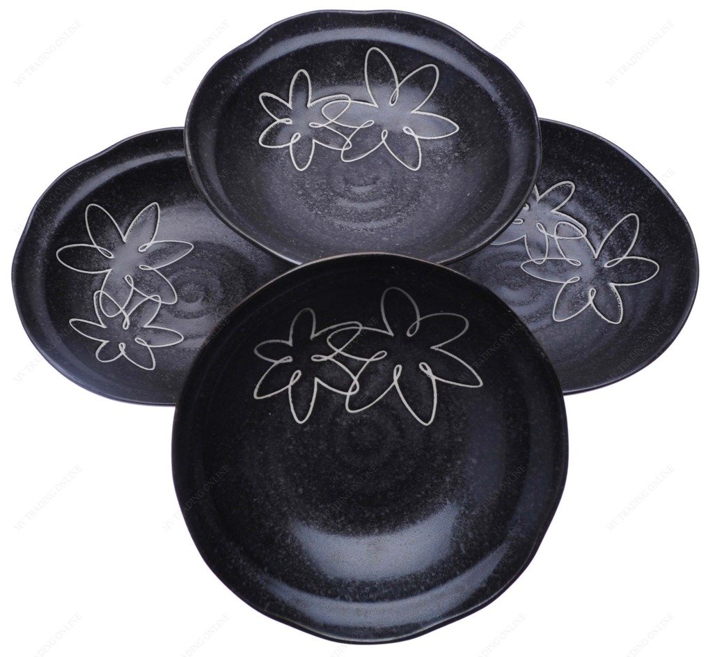 M.V. Trading MV0314B187 Japanese Deep Soup Plate with Flower Design, 6¾-Inch, Black, Set of 4