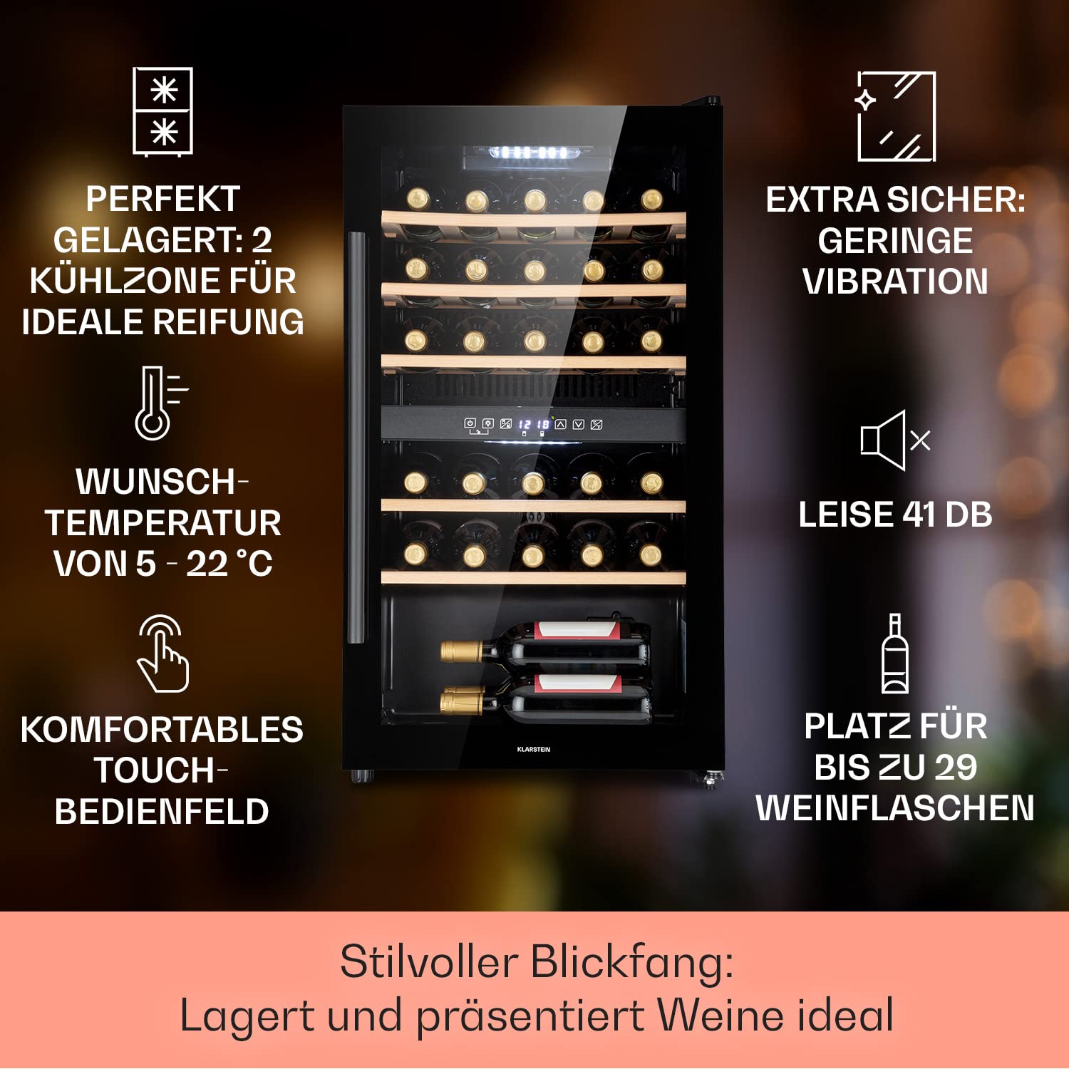 Klarstein Weinkühlschrank, Outdoor Getränkekühlschrank, 2 Zonen Kühlschrank mit Glastür, Getränkekühlschränke Freistehend, Weinkühlschrank Klein, Weinkühlschränke mit UV-Schutz, 5-22 °C, 29 Flaschen
