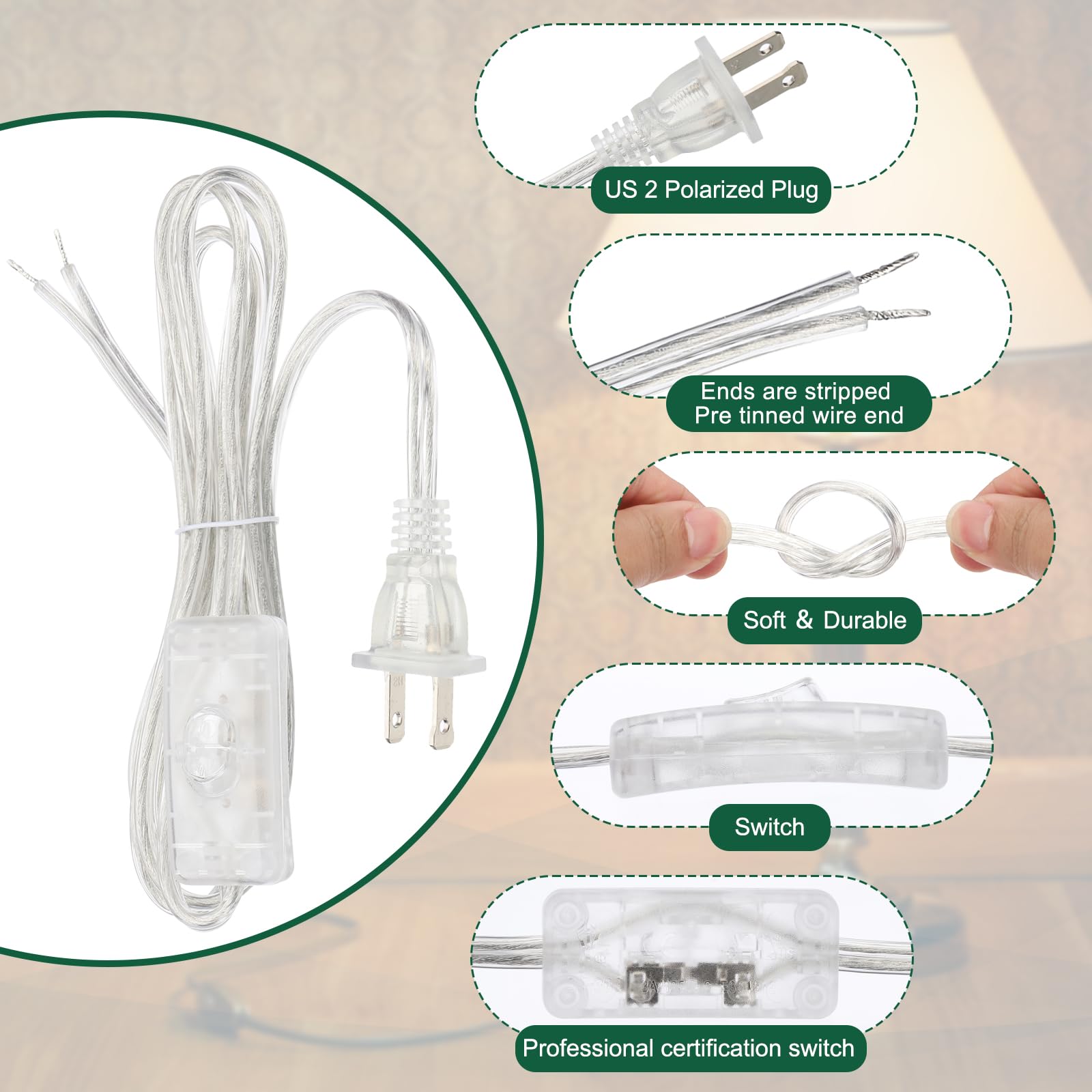 PATIKIL Cavo per lampada da 1,8 m con spina, 5 set SPT-2 UL, cavo di alimentazione con estremità spogliate, pronto per il cablaggio della lampada con connettori per la sostituzione della luce fai da