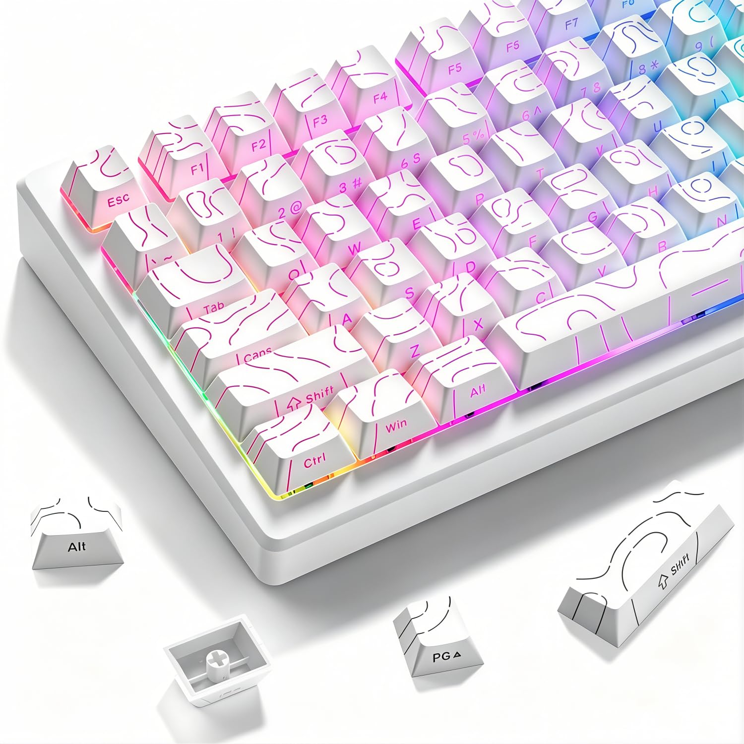 ZORBES®130-Key Custom Topographic Keycaps, Fashion Contour Line Design, Minimalist Line Backlit Mechanical Keyboard Gaming Keboard Keycap Set, White-image-28