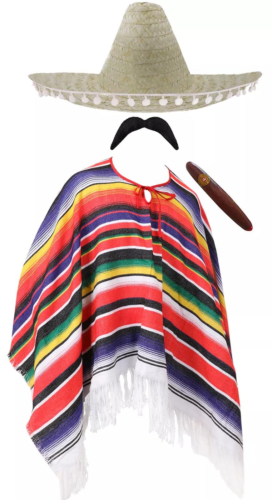 Adults Mexican Costume - Multicoloured Poncho with Tasselled Edges, Natural Sombrero, Fake Cigar, Fake Moustache - Mens Ladies Mexico Cinco de Mayo Fancy Dress Costume