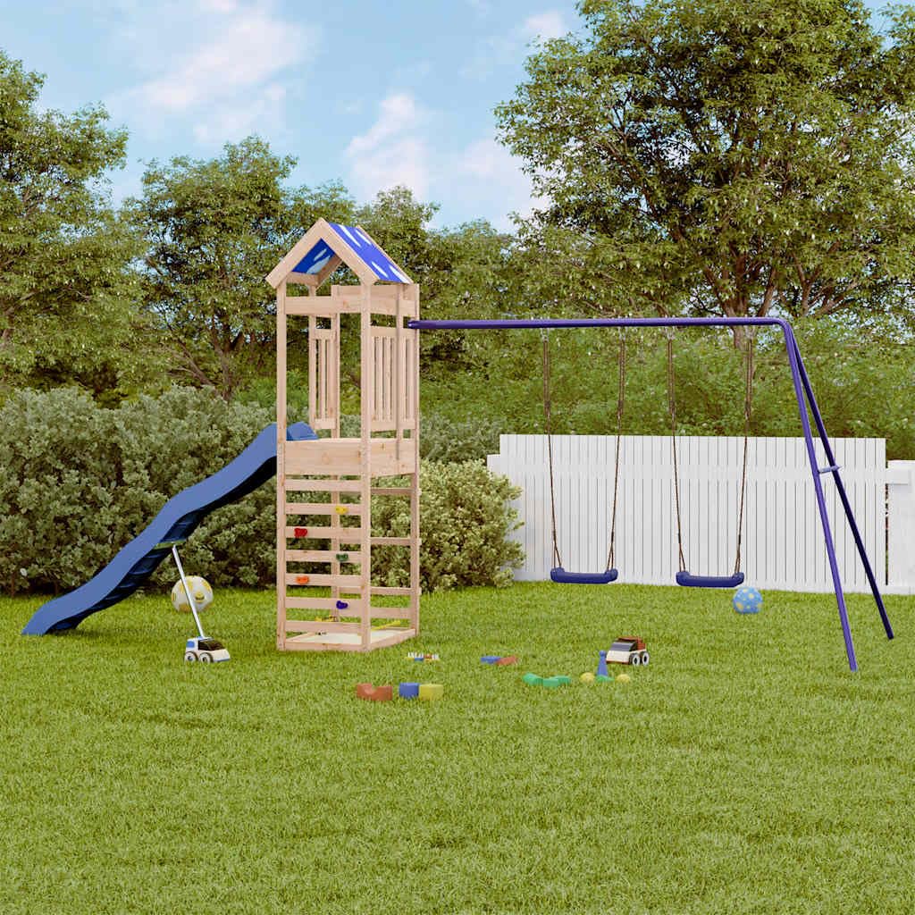 Torre da gioco in legno di pino massiccio con scivolo ondulato, doppia altalena, sabbiera e tetto a nuvola, piattaforma da 118 cm, giocattolo da giardino per giardino, cortile e terrazza