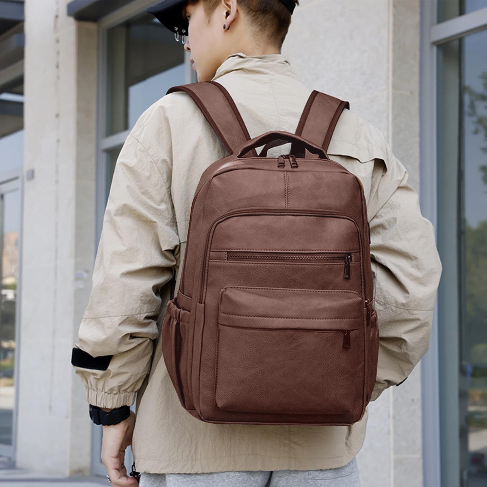 Zaino per computer portatile da uomo, in pelle PU, con porta di ricarica USB, tasche casual, borsa per libri, zaino per lavoro, escursioni, viaggi, campeggio, per laptop da 15,6 pollici