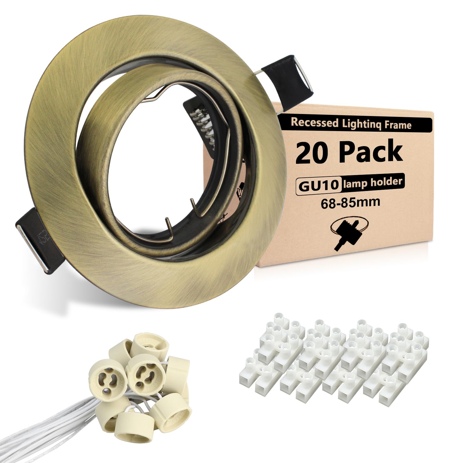 Wondlumi 20x GU10 Downlights for Ceilings 360° Swivel Recessed Ceiling Lights Metal Frame Round Antique Brass Spotlights Fitting 240V, Outer Diameter: 90mm, Cut-Out Hole: 68-85mm, No Bulbs