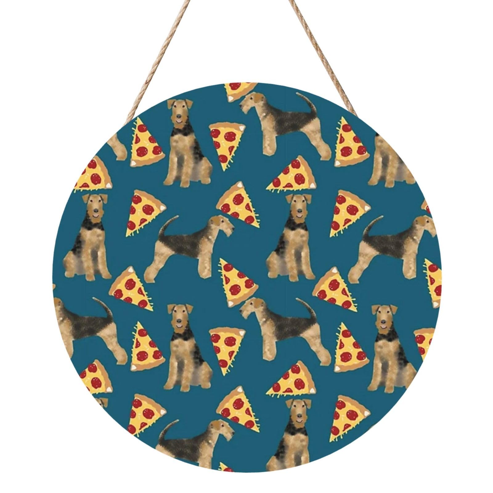 InOmak Airedale Terrier Pizza, Round Wood Panel Painting 12 in, Wall Hanging Painting For Home