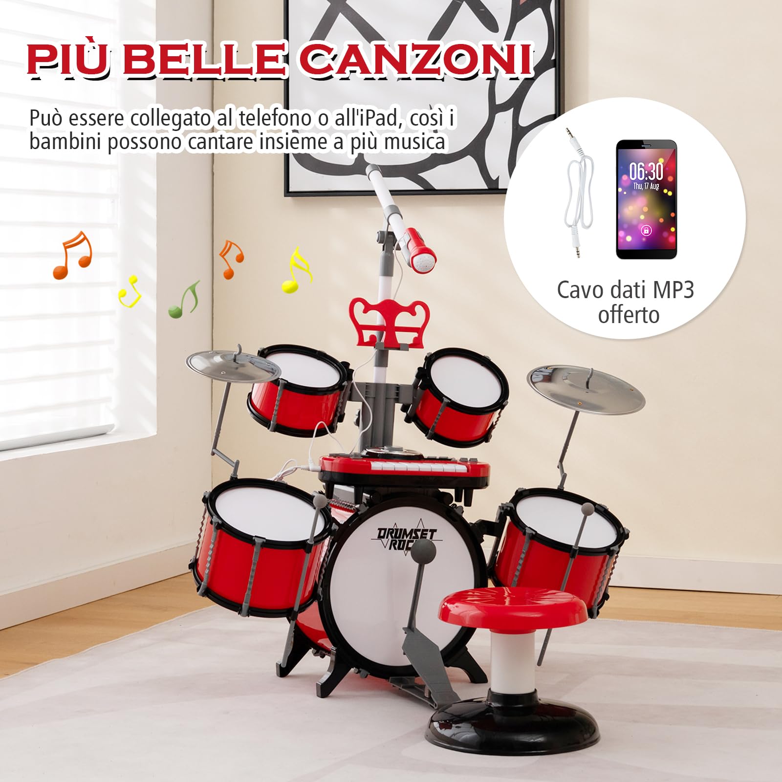RELAX4LIFE Set di Batteria per Bambini, Giocattoli Musicali Elettronici con Tastiera e Microfono, Batteria Jazz con Sgabello per Bambini 3+ Anni, Rosso