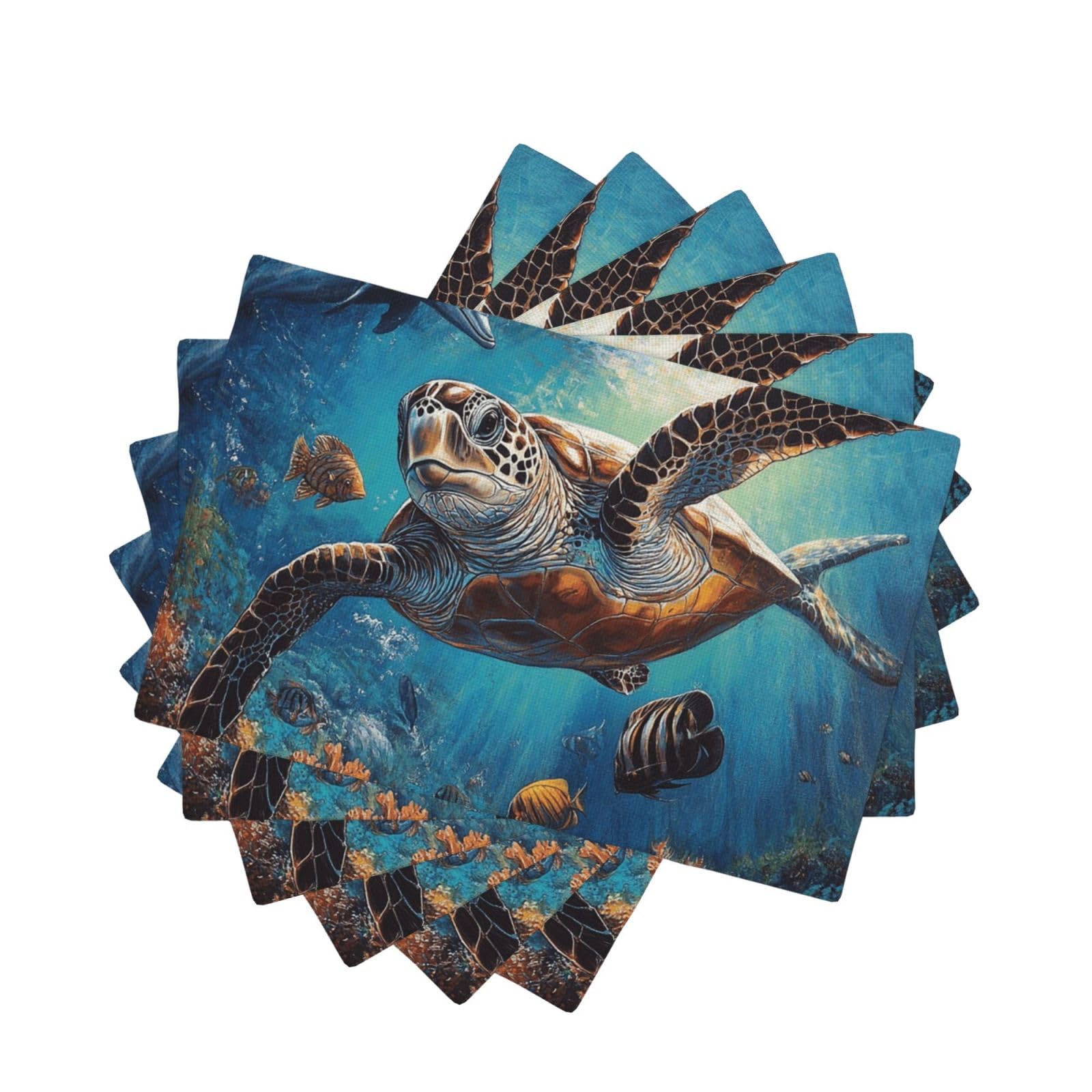 Placemats Set of One Size Washable Wipeable Table Mats Heat Resistant Weave Place Mats Sea Turtle Dolphin Fish Placemats Wrinkle Free Place Mats for Dining Table Kitchen Decor