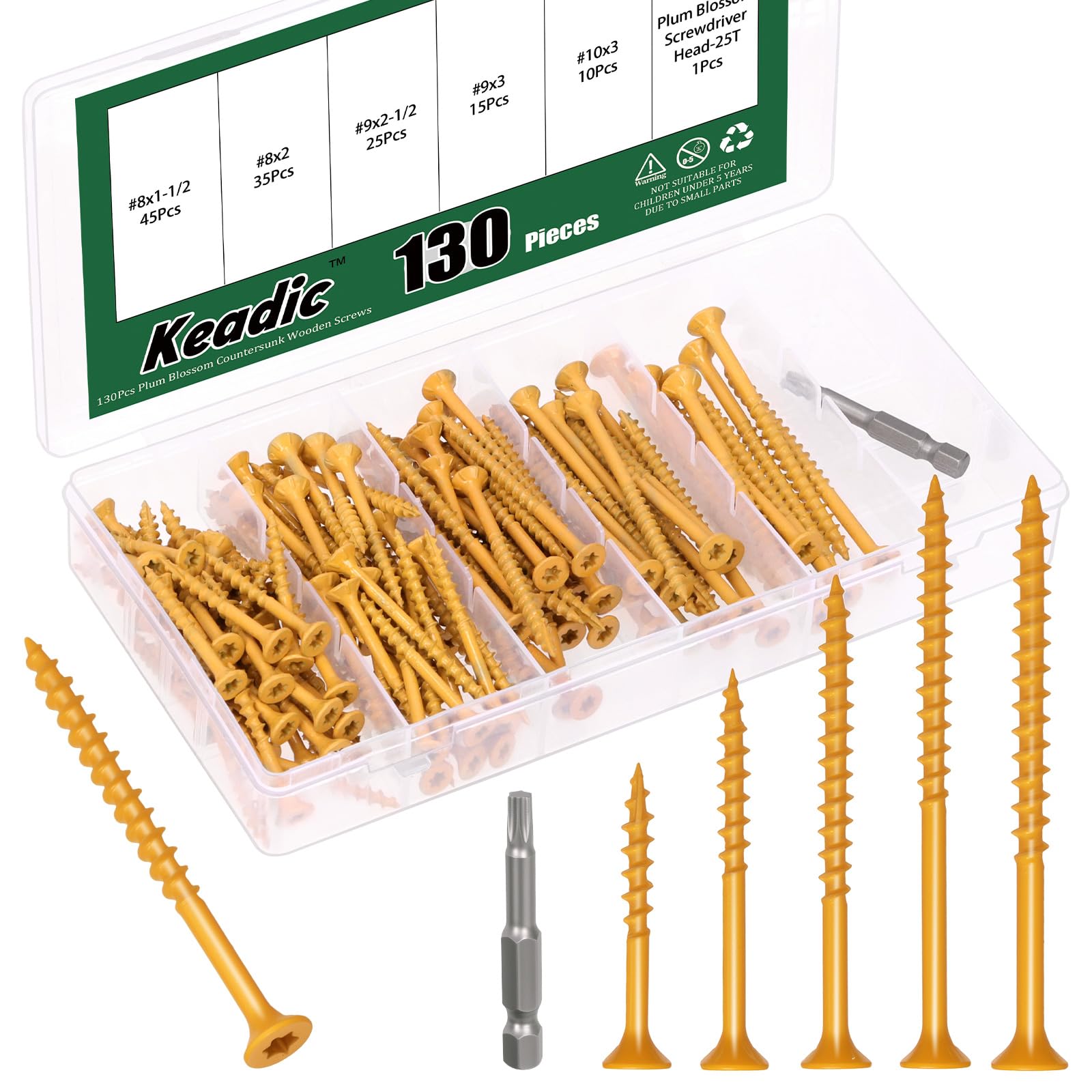 Keadic 130Pcs 5 Size Deck Screws, T25 Star Torx Drive Flat Head Wood Screws
